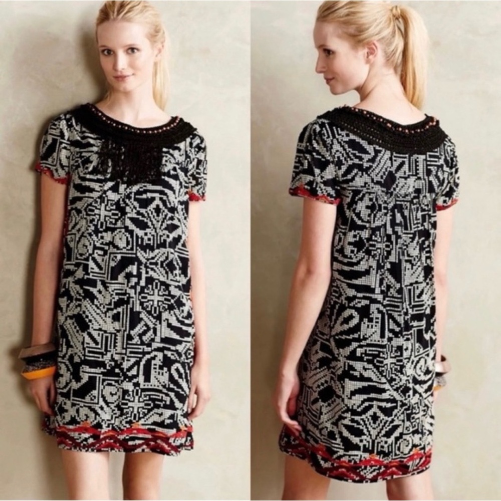 Anthropologie Floreat Abelia‎ Tribal Tropical Embroidered Fringe Sheath Dress